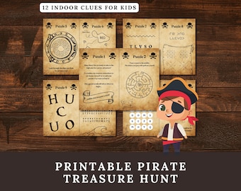 Pode incluir: Um conjunto de cartões de pistas para caça ao tesouro pirata imprimível para crianças com fundos de papel pergaminho envelhecido, ícones de caveiras, labirintos, quebra-cabeças e um personagem pirata. O texto inclui 12 INDOOR CLUES FOR KIDS e PRINTABLE PIRATE TREASURE HUNT.