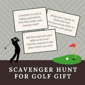 Golfcadeau-speurtochtaanwijzingen, afdrukbare schattenjacht voor golftickets, verrassingsgolfcadeau-idee, golfclubs, T-shirts, ballen of tassen verbergen