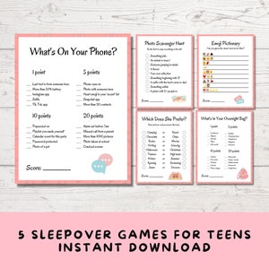 5 Printable Sleepover Games, Party Games for Teenage Girls and Tweens, Slumber Party Games, Pajama Party Activities, 13th Birthday Games