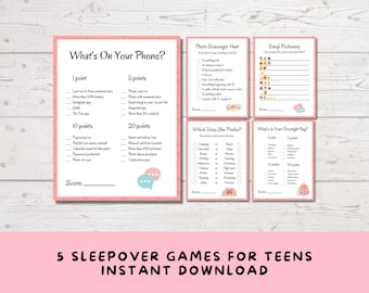 5 Printable Sleepover Games, Party Games for Teenage Girls and Tweens, Slumber Party Games, Pajama Party Activities, 13th Birthday Games