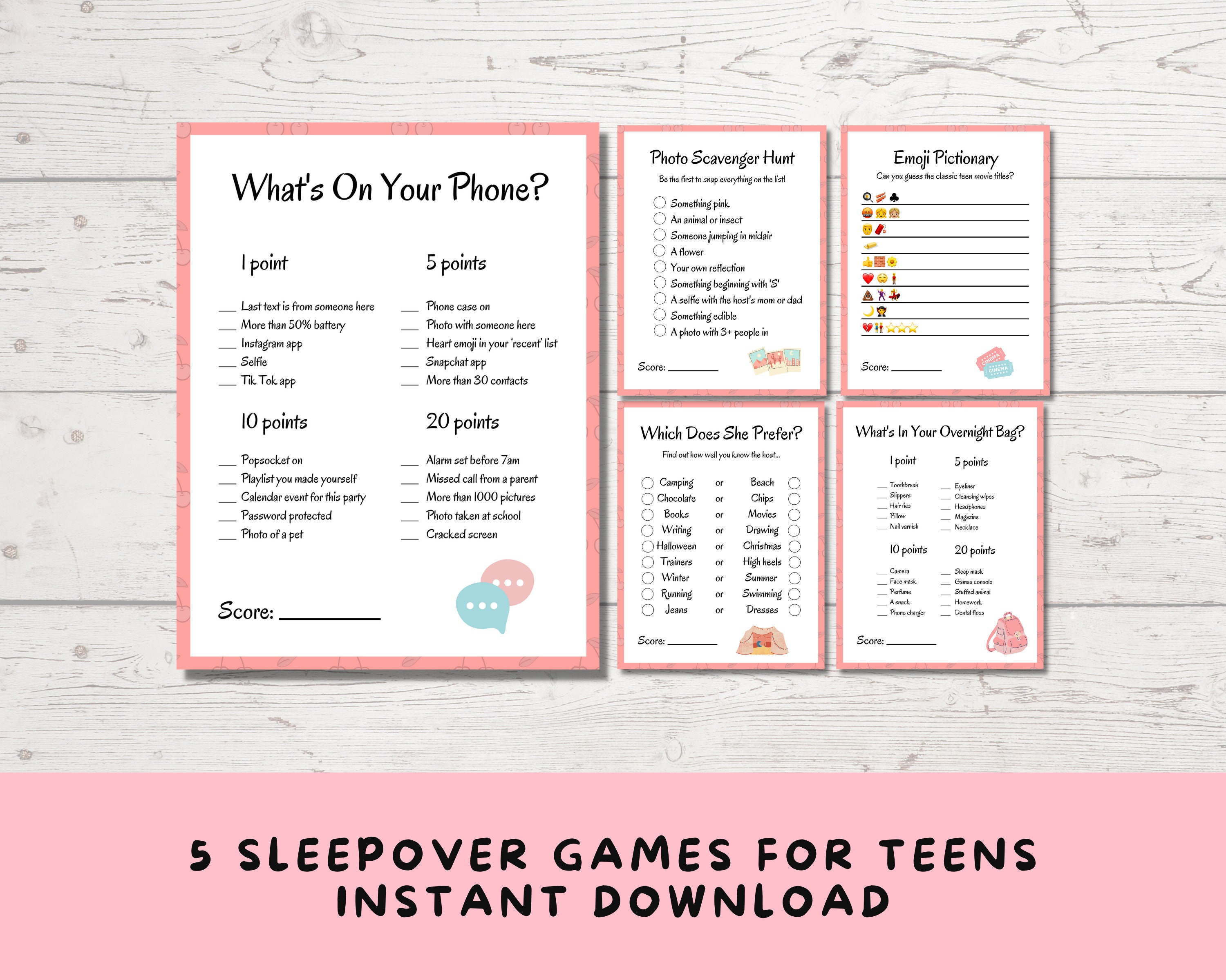 5 Printable Sleepover Games Party Games for Teenage Girls