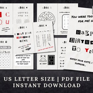 May include: A printable PDF file for a birthday scavenger hunt. The file includes a series of clues, puzzles, and riddles that lead to a hidden birthday gift. The clues are presented on a white background with black text and red accents. The text "Happy Birthday To You" is displayed in a bold, black font with red accents. The text "You were too clever for me! Gah!" is displayed in a black font with red accents. The text "Enjoy your gifts, I suppose..." is displayed in a black font with red accents.