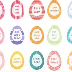 May include: A collection of colorful Easter egg designs with various phrases. The eggs feature pastel colors and decorative patterns. Text includes phrases like "Look Over Here," "Hop Like a Bunny," and "Happy Easter."