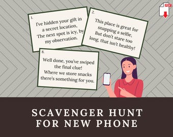 Scavenger Hunt for New Phone, Printable Treasure Hunt to Hide Mobile Phone, Surprise Birthday/Christmas Gift Reveal, Smartphone, Cell Phone