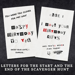 May include: Two white cards with black and red text. The first card says "You were too clever for me! Gah! Happy Birthday to you. Enjoy your gifts, I suppose..." The second card says "Clue 1. I have your Birthday Gifts. And you'll never find them!"