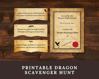 Dragon Scavenger Hunt for Kids, Printable Medieval Knights & Dragons Treasure Hunt, Magical Witch and Wizard Fairytale Birthday Party Game