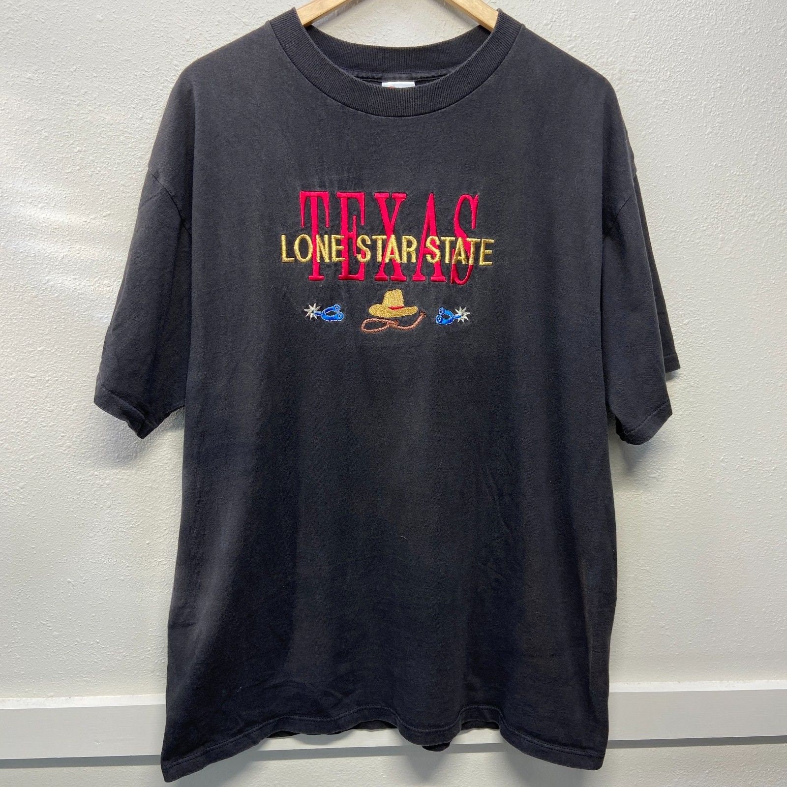 VTG Texas Lone Star State Embroidered Desert Heat Mens XL Black T-Shirt