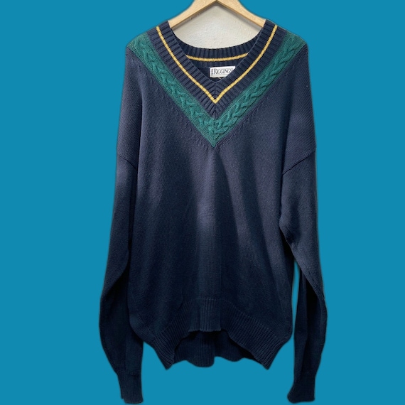 Vtg J. Riggings V Neck Sweater Blue 100% Cotton M… - image 1