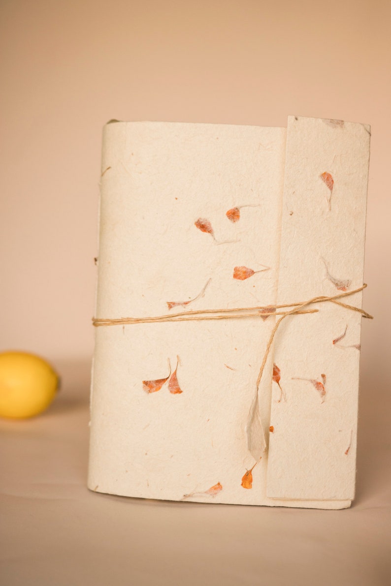 Handmade A5 Blank Journal Vegan, Recycled Floral petals notebook Marigold