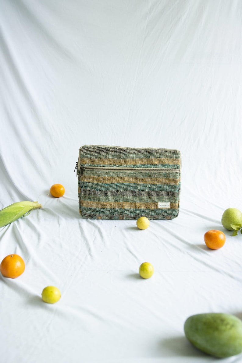 Hemp laptop sleeve featured in a modern workspace, showcasing its stylish and functional design perfect for sustainable, everyday use.
