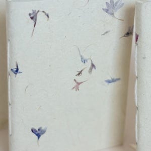 A close, detailed photo of notebook covers with small pressed petals embedded into handmade paper. Perfect for showing the unique texture of artisan paper notebooks, botanical stationery, and eco conscious journals.