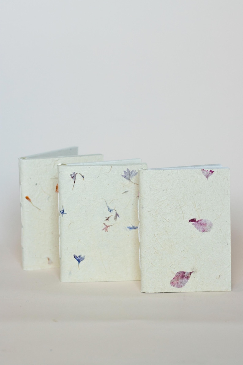 Three lokta notebooks arranged side by side, highlighting variations in floral inclusions and texture. A calm, minimal scene that showcases handmade stationery, botanical journals, and sustainable writing books.