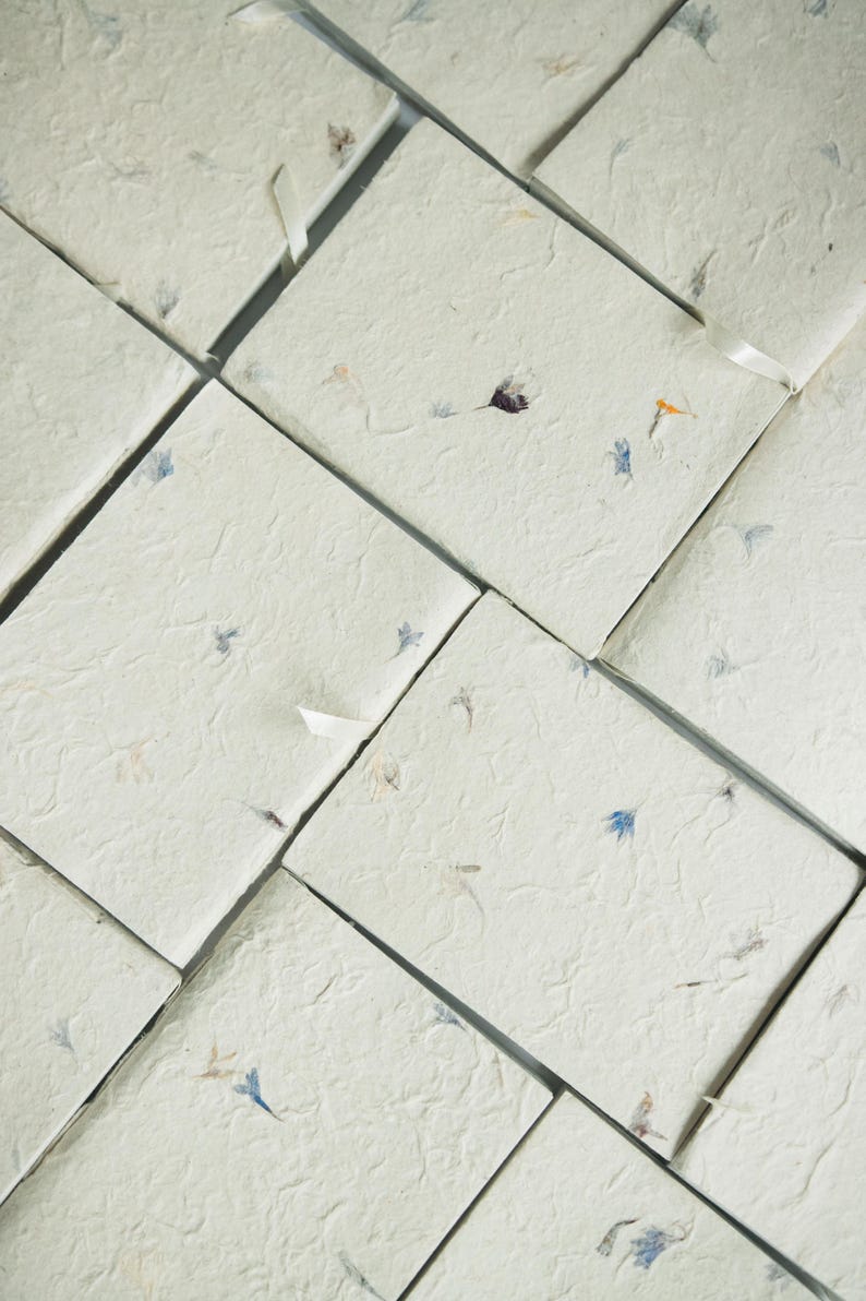 An arrangement of several artisan handmade notebooks laid out in a grid pattern, featuring cool-toned petals within the covers. Highlights craftsmanship of lokta paper, ideal for buyers seeking sustainable writing journals and botanical stationery.