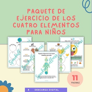 May include: A colorful printable activity pack for kids featuring four elements: earth, water, fire, and air. The pack includes 11 pages of activities, such as matching, drawing, and measuring.