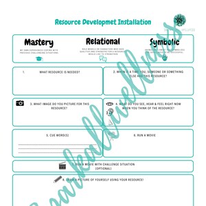 May include: A printable worksheet with the title "Resource Development Installation" and three sections: Mastery, Relational, and Symbolic. Each section has a list of questions to help develop a personal resource.