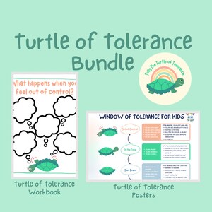 Może przedstawiać: Zestaw drukowanych arkuszy ćwiczeń i plakatów do nauki dzieci o granicach tolerancji. Zestaw zawiera zielonego żółwia z tęczowym pancerzem i tekstem "Tolly the Turtle of Tolerance". Plakat zawiera schemat granicy tolerancji z trzema strefami: "Poza kontrolą", "W strefie" i "Wyłączony". Arkusz ćwiczeń zawiera zielonego żółwia i kilka baniek myśli, które dzieci mogą wypełnić.