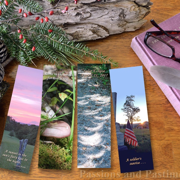 Instant Digital Download, Printable Bookmark, Sunset, Flag, Mushroom, Virginia, Nature Photo, Quotes, Set of 4