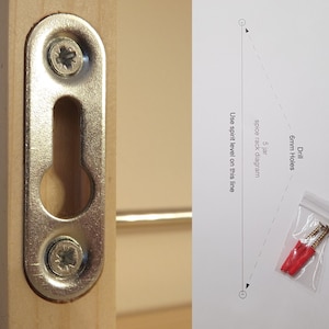 May include: A close-up of a metal shelf bracket with two screws. The bracket has a keyhole slot for hanging. A diagram shows how to drill 6 mm holes for mounting the shelf.