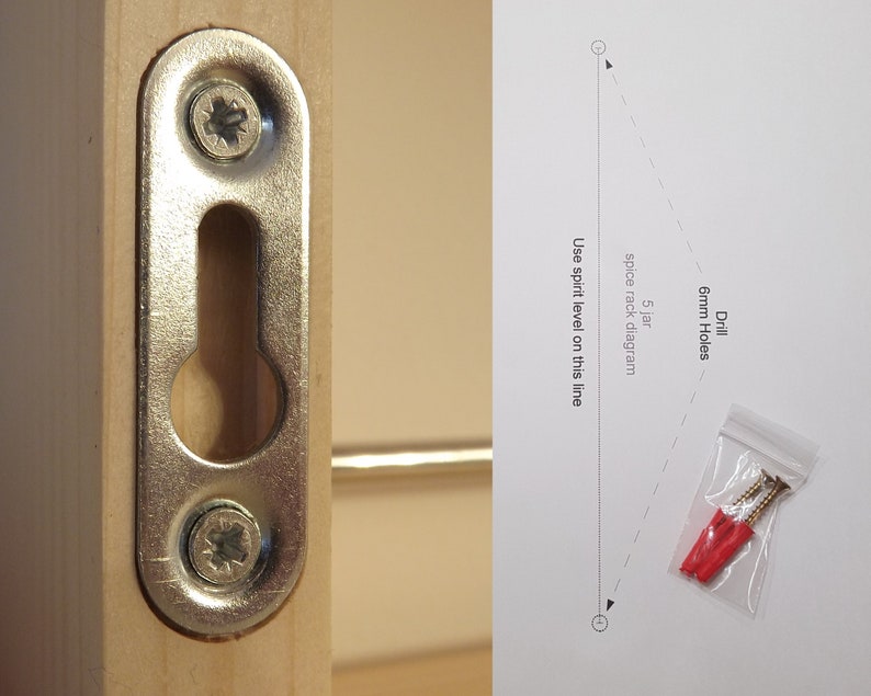May include: A close-up of a metal shelf bracket with two screws. The bracket has a keyhole slot for hanging. A diagram shows how to drill 6 mm holes for mounting the shelf.