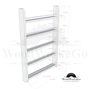 May include: A white wooden spice rack with five shelves. The shelves are 4.7 inches wide and 13.2 inches long. The rack is 750 mm tall and 70 mm wide. The rack is labeled "WoodWork2Go" and "unique products crafted by hand".