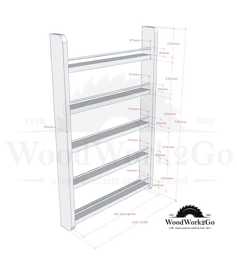 May include: A white wooden spice rack with five shelves. The shelves are 4.7 inches wide and 13.2 inches long. The rack is 750 mm tall and 70 mm wide. The rack is labeled "WoodWork2Go" and "unique products crafted by hand".