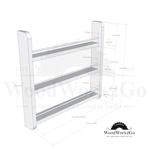 May include: A white wooden spice rack with three shelves. The rack is 70mm wide, 450mm high, and 132mm deep. Each shelf is 47mm wide and 30mm deep. The rack is designed to be mounted on a wall.
