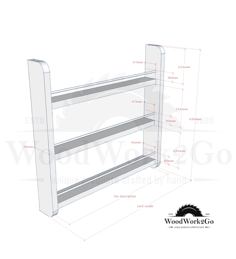 May include: A white wooden spice rack with three shelves. The rack is 70mm wide, 450mm high, and 132mm deep. Each shelf is 47mm wide and 30mm deep. The rack is designed to be mounted on a wall.