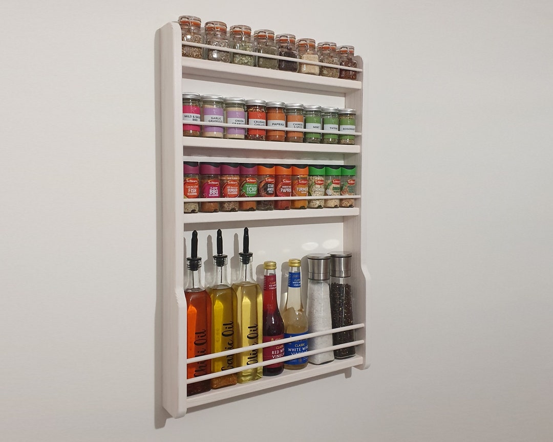 Oil & Spice Rack White Dyed 24 Shelf Handmade Wooden Wall Mountable