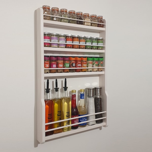 Oil & Spice Rack White Dyed 2-4 Shelf Handmade Wooden Wall Mountable Kitchen Storage