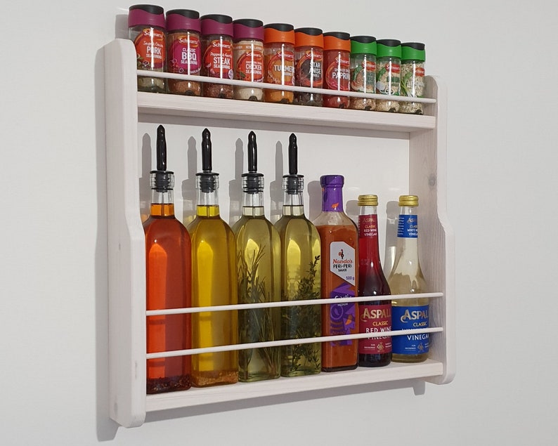 Oil & Spice Rack White Dyed 24 Shelf Handmade Wooden Wall Mountable