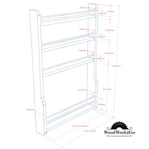 May include: Line drawing of a wooden shelf unit with four shelves. The unit is 750 mm tall, 337 mm wide, and 80 mm deep. Each shelf is 55 mm wide and 130 mm long. The unit is designed to be mounted on a wall.