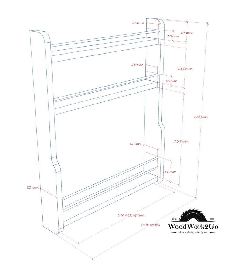 May include: A line drawing of a spice rack with three shelves and a bottom shelf. The rack is 23.6 inches tall, 13.3 inches wide, and 6.6 inches deep. The drawing includes measurements in inches.
