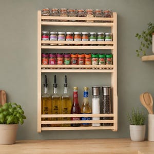 May include: A wall-mounted light wood spice rack with four horizontal shelves. The top three shelves hold rows of small glass spice jars with metal lids. The bottom shelf contains three glass oil bottles, two vinegar bottles, and two tall salt and pepper grinders.