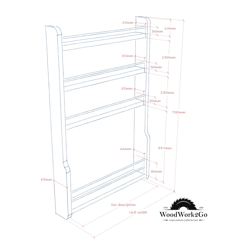 May include: Line drawing of a wooden shelf unit with four shelves. The unit is 750 mm tall, 337 mm wide, and 80 mm deep. Each shelf is 55 mm wide and 130 mm long. The unit is designed to be mounted on a wall.