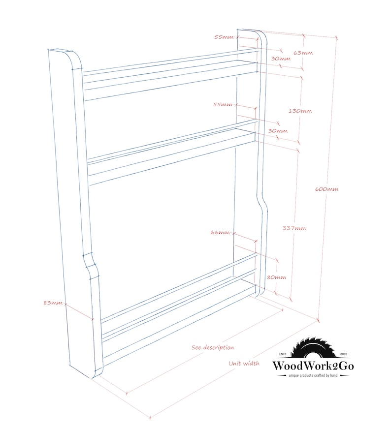 May include: A line drawing of a spice rack with three shelves and a bottom shelf. The rack is 23.6 inches tall, 13.3 inches wide, and 6.6 inches deep. The drawing includes measurements in inches.