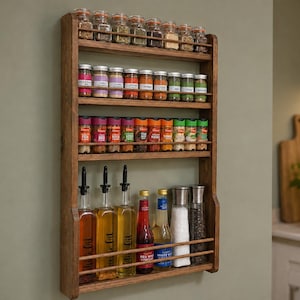 May include: A wall-mounted wooden spice rack with four shelves. The top three shelves hold rows of small glass spice jars with labels. The bottom shelf contains three tall glass oil bottles, two smaller glass bottles, and two glass salt and pepper grinders.