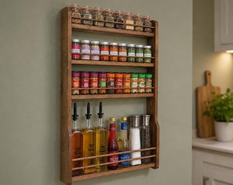 Oil & Spice Rack 2-4 Shelf Handmade Wooden Wall Mountable Kitchen Storage