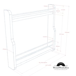 May include: A white, wooden spice rack with two shelves and a rounded top. The rack is 17.7 inches tall, 13.4 inches wide, and 3.1 inches deep. The rack is designed to be mounted on a wall.