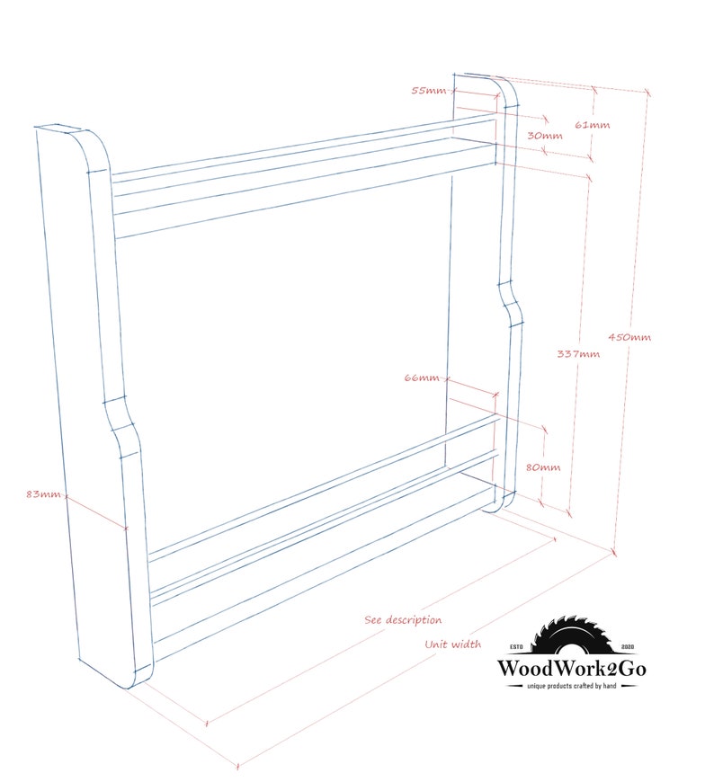 May include: A white, wooden spice rack with two shelves and a curved design. The rack is 17.7 inches tall, 13.4 inches wide, and 3.1 inches deep. The rack is labeled "See description" and "Unit width".