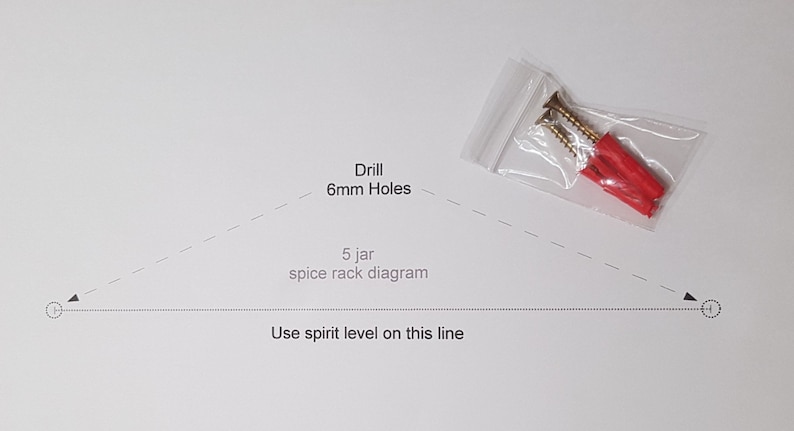 May include: Diagram showing how to install a 5 jar spice rack. It includes instructions to drill 6mm holes and use a spirit level to ensure the rack is level. The image also shows a bag of screws and wall anchors.