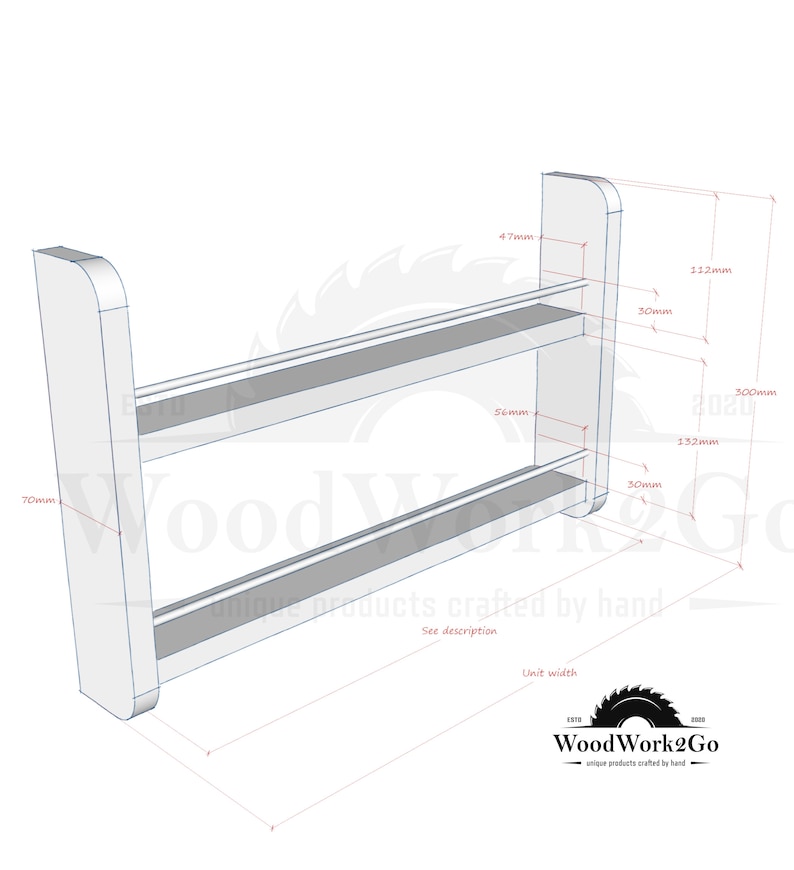 May include: A white wooden shelf unit with two shelves. The shelf unit is 70mm wide, 300mm tall, and 132mm deep. The shelves are 56mm wide and 30mm deep. The unit is designed for wall mounting.