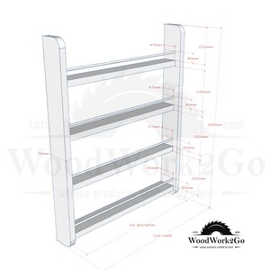 May include: A white wooden shelf unit with four shelves. The shelves are 4.7 inches deep and 13.2 inches wide. The unit is 23.6 inches tall and 7 inches wide. The unit is labeled "WoodWork2Go" and "unique products crafted by hand".