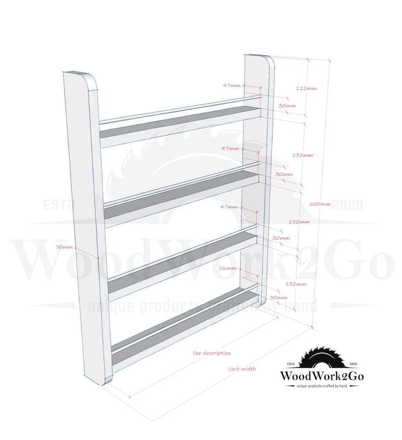 May include: A white wooden shelf unit with four shelves. The shelves are 4.7 inches deep and 13.2 inches wide. The unit is 23.6 inches tall and 7 inches wide. The unit is labeled "WoodWork2Go" and "unique products crafted by hand".