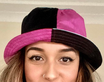 Wendbarer Fischerhut, Patchwork Fischerhut, Samt Fischerhut, upcycled, Festival Fischerhut, Sommerhut, Rave Fischerhut, rosa Fischerhut
