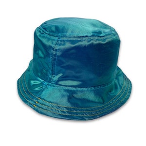 Reversible bucket hat, shimmery turquoise bucket hat, blue denim bucket hat, upcycled hat, festival bucket hat, summer hat, rave bucket hat