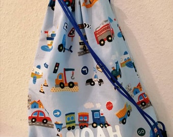 Gym bag, tote bag, backpack, cars, vehicles, colorful, blue, boy, personalized