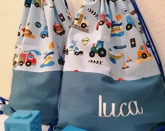 Turnbeutel, Rucksack, Jungs, Autos, Fahrzeug, blau, personalisiert