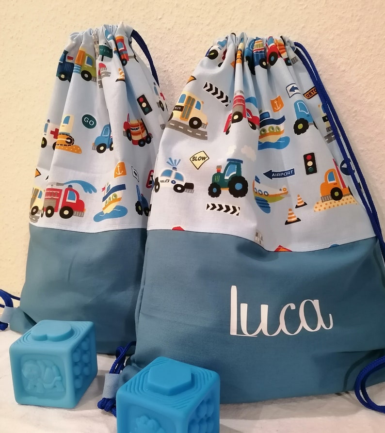 Gym bag, backpack, boys, cars, vehicle, blue, personalized image 1