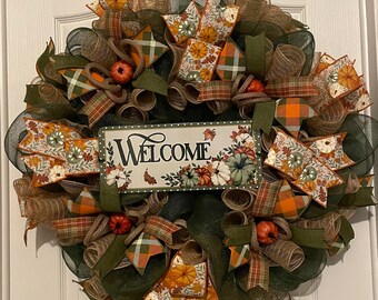 Fall wreath, welcome wreath, pumpkin wreath, door decor