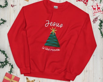 Red Christmas Sweatshirt: Jesus is the Reason, Faith-Based Holiday Apparel